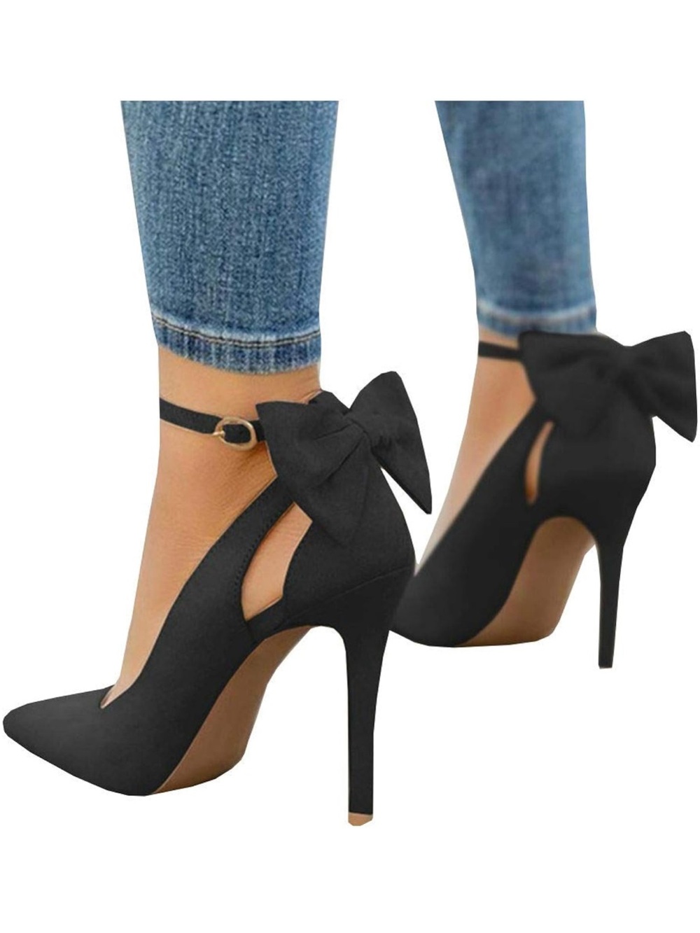 PiePiebuy Black Bow Ankle-Strap High Heels